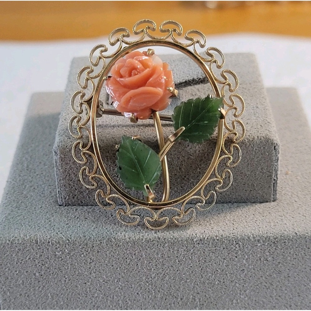 Krementz Rose Brooch Stated Coral Jade Gold Tone Filigree Floral Pin Vintage